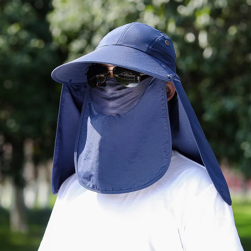 Men's navy blue sun protection hat with USB rechargeable fan and face covering shawl for fishing and outdoor activities