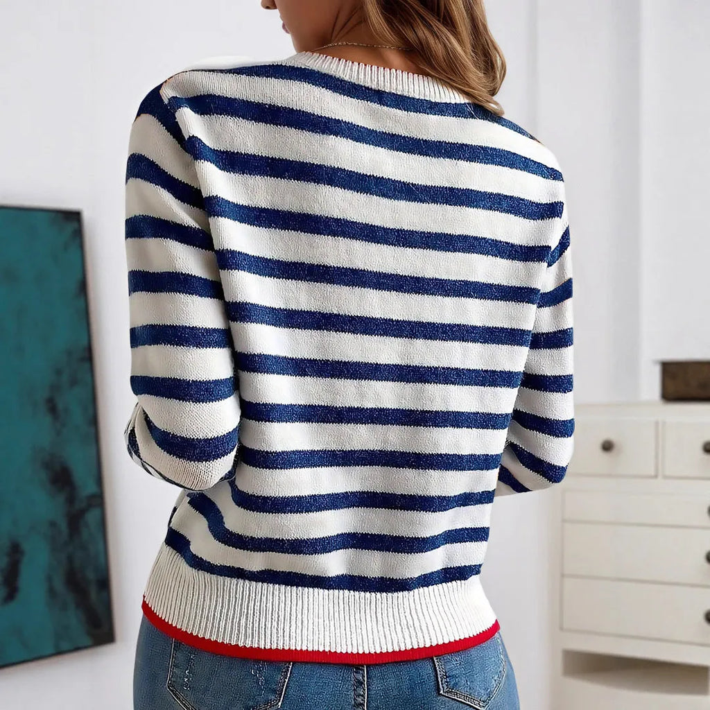 Sapphire blue striped acrylic pullover sweater with loose fit and round neck