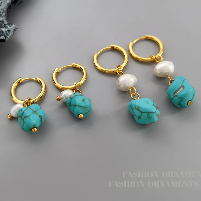 Geometric copper earrings with irregular turquoise stones and cultured pearl accents in short and long styles