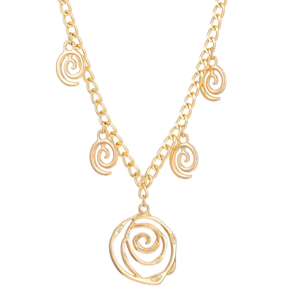 Gold spiral donut charm jewellery set showing necklace, bracelet and earrings on a white background