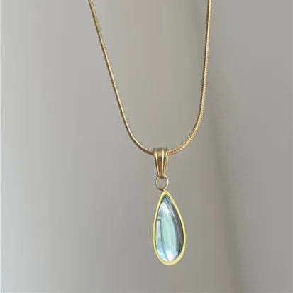 Retro water drop necklace with mixed gemstone pendant on titanium steel snake bone chain