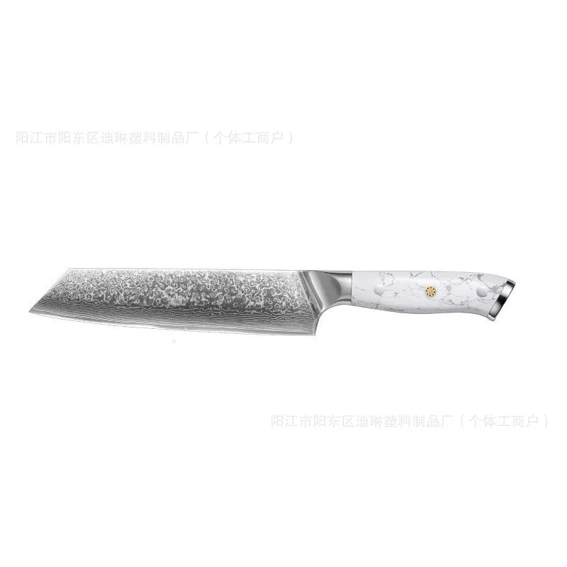 Damascus pattern chef's knife with 32cm total length on kitchen counter