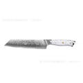Damascus pattern chef's knife with 32cm total length on kitchen counter