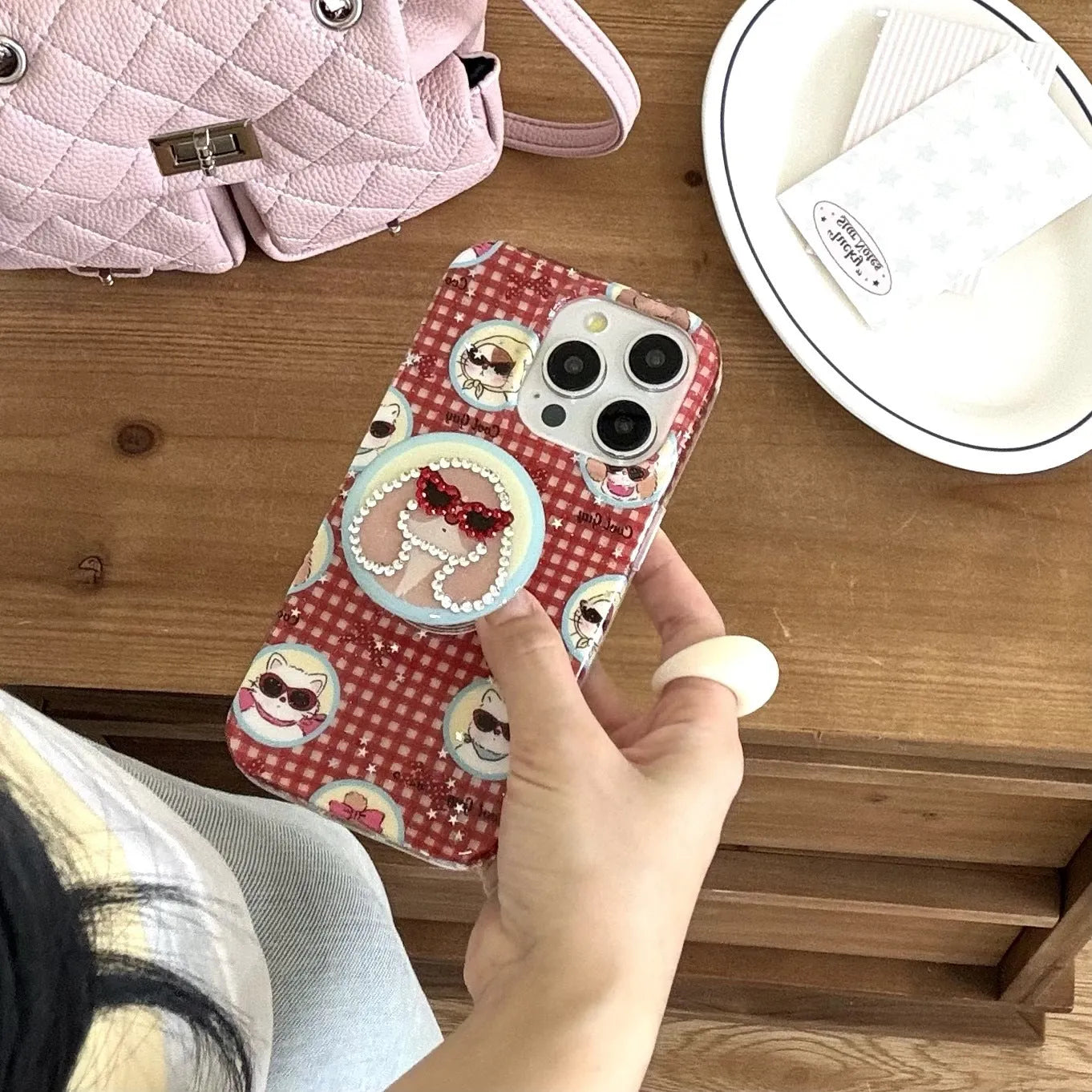 Cartoon glasses puppy spot drill TPU PC phone case with bracket for iPhone 13 Pro Max