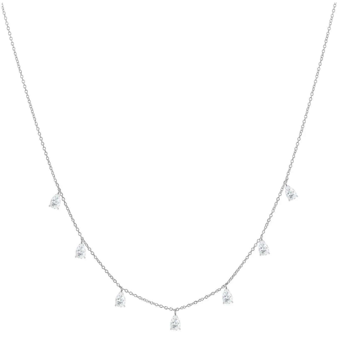 Silver necklace with a drop-shaped pendant holding a triangular zircon on an O-chain.