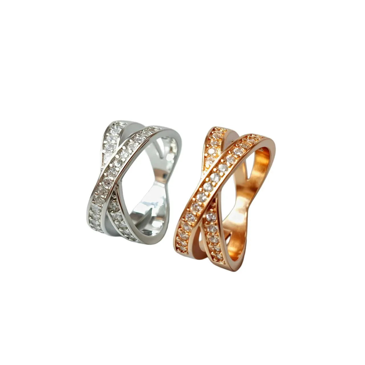Copper cross ring with micro-inlaid zircon stones in geometric heart design, available in silver or rose gold finishes