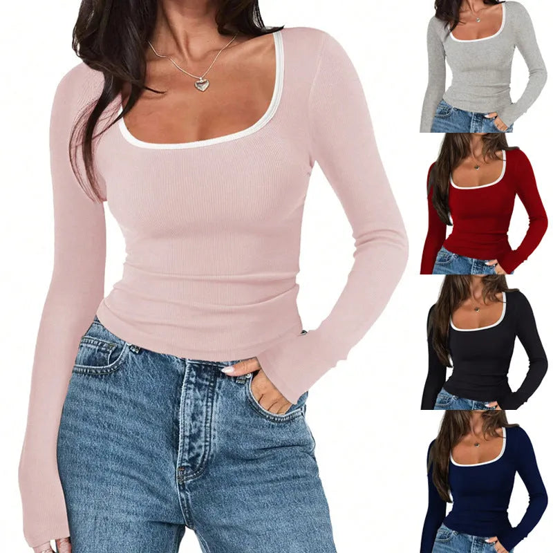 Women's slim fit cotton top with a square collar and long sleeves in a solid colour, showing its short length.