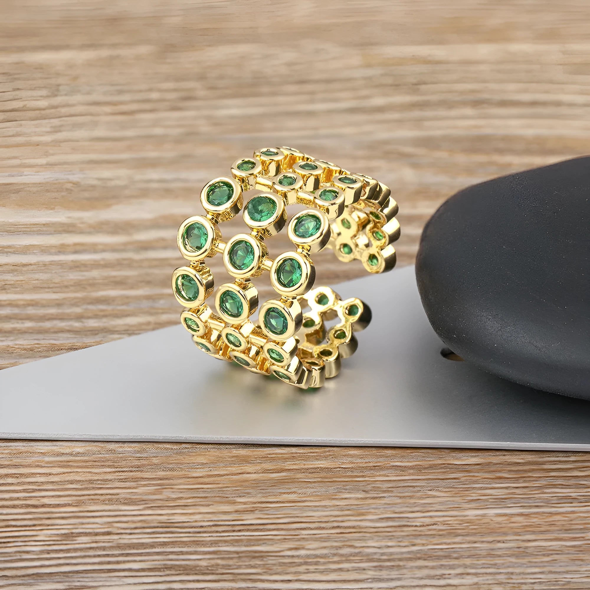Three-layer exaggerated green full zircon wide ring with copper base and 18K real gold plating