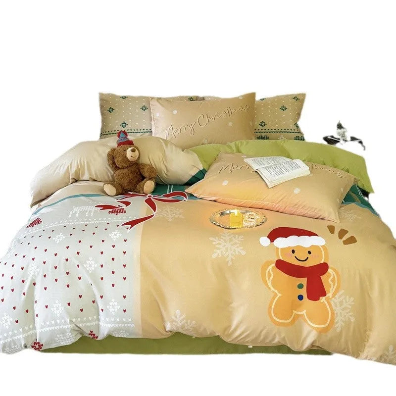 Christmas cartoon printed bedding four-piece set with sheet, quilt cover, and pillowcases for a double bed.
