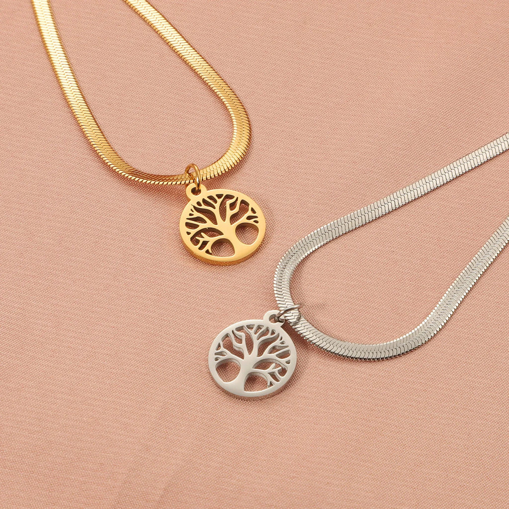 Lucky Tree pendant necklace with U-shaped tree design on adjustable snake bones chain