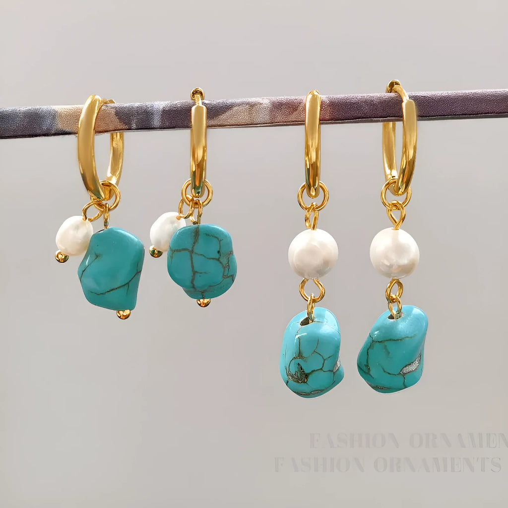 Geometric copper earrings with irregular turquoise stones and cultured pearl accents in short and long styles
