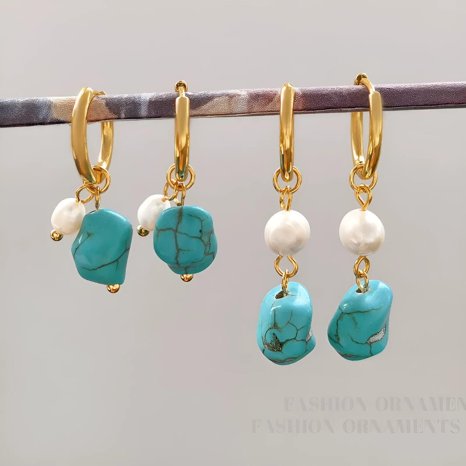 Geometric copper earrings with irregular turquoise stones and cultured pearl accents in short and long styles