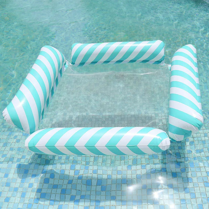 Inflatable four-tube floating deck chair with striped design and mesh seating area
