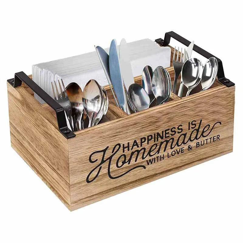 Wooden kitchen storage box with internal grid compartments for tableware organisation
