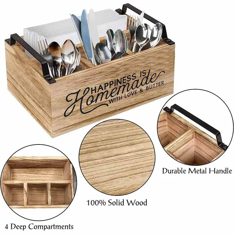 Wooden kitchen storage box with internal grid compartments for tableware organisation