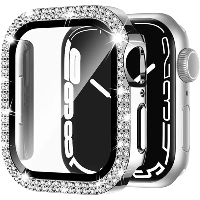 Apple Watch protective case with double diamond glass screen cover in rose gold colour.