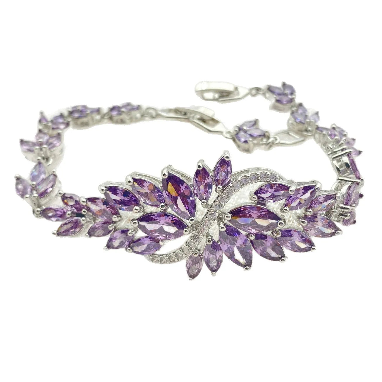 Copper bracelet with gold electroplating and coloured zircon stones in ice flower pattern design