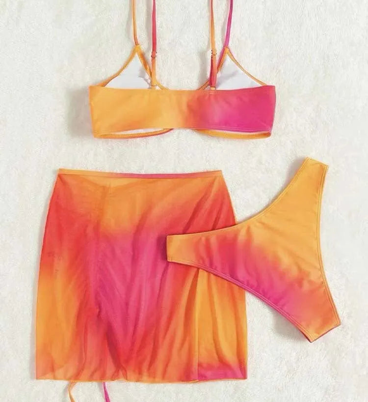 Women's orange gradient print three-piece swimsuit with adjustable suspender buckles