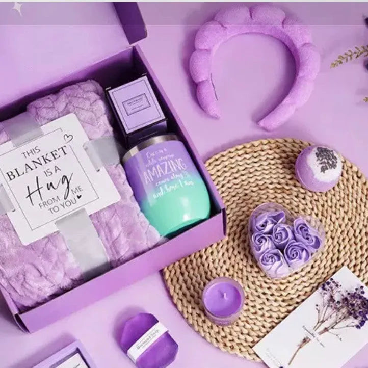 Soy wax aromatherapy candle bath set gift box showing a selection of the 15 available style and colour variations.