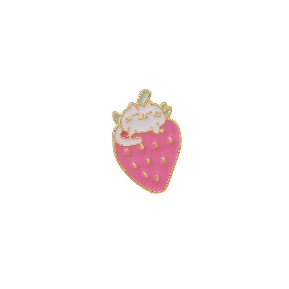 Alloy cake cat brooch with strawberry and dripping oil design in multiple colour options