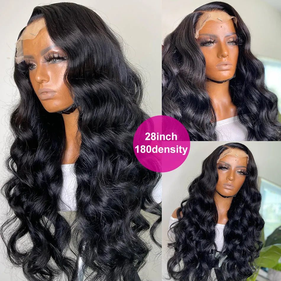 Black long curly synthetic wig with side bangs and a front lace hairline.
