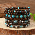 Seven retro bracelets with wooden and alloy beads in multicolour round design