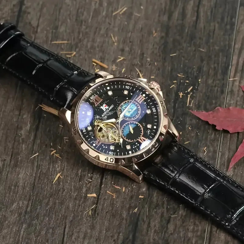 Large dial automatic mechanical watch with rose gold shell and black leather strap