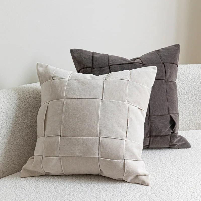 Square chenille woven sofa cushion in beige with textured surface, 50x50cm