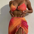 Women's orange gradient print three-piece swimsuit with adjustable suspender buckles