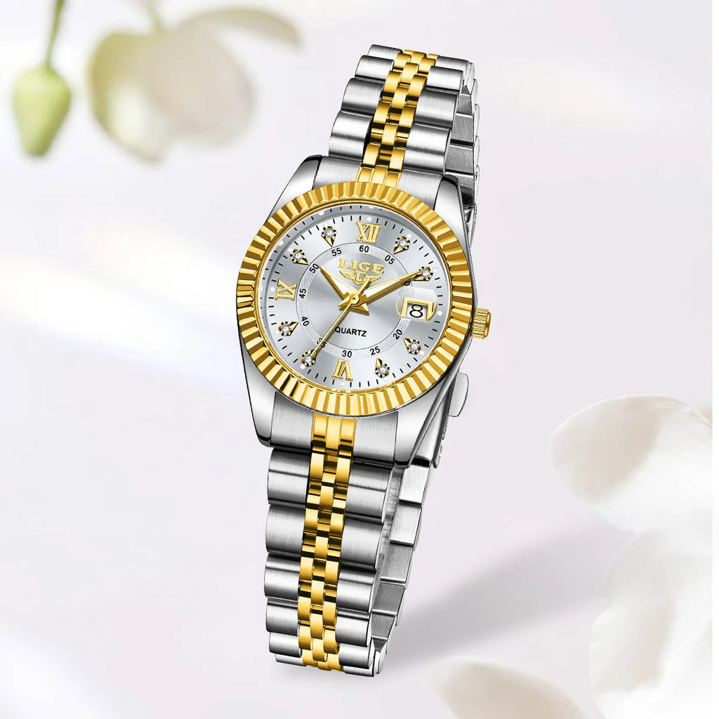 Women's waterproof quartz watch in gold and silver colours with 10mm thickness.