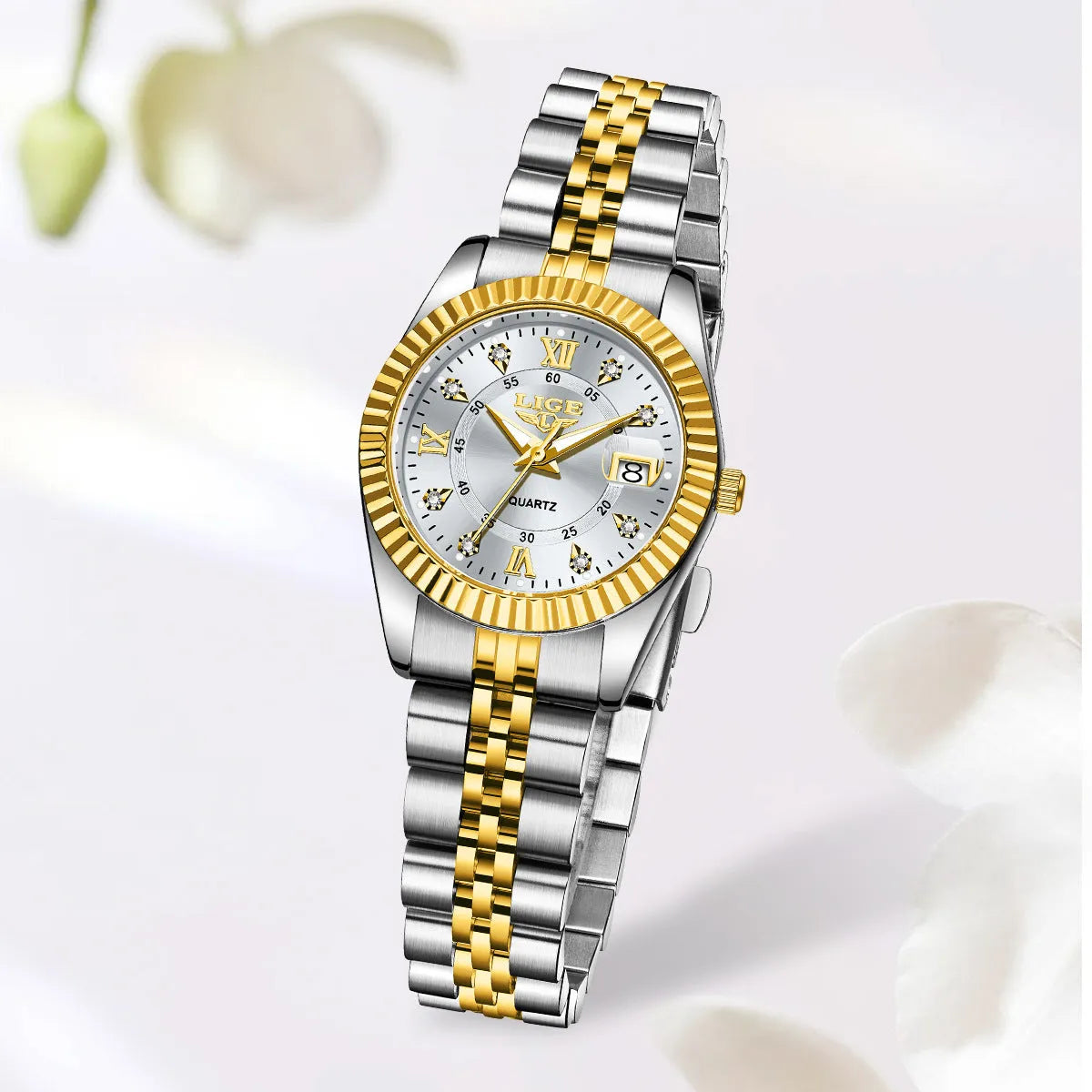 Women's waterproof quartz watch in gold and silver colours with 10mm thickness.