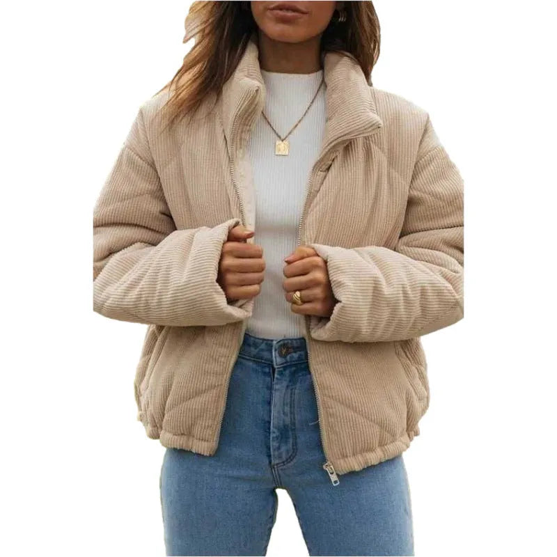 Women's apricot corduroy zipper jacket with stand collar and wadded construction