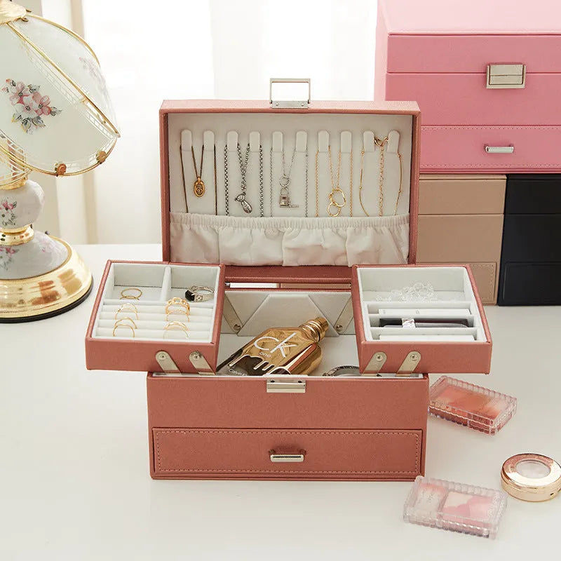 Hard-sided PU leather jewellery storage box in beige, showing its rectangular shape.