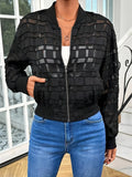 Black women's casual jacket with geometric pattern and semi-transparent thread zipper detail.