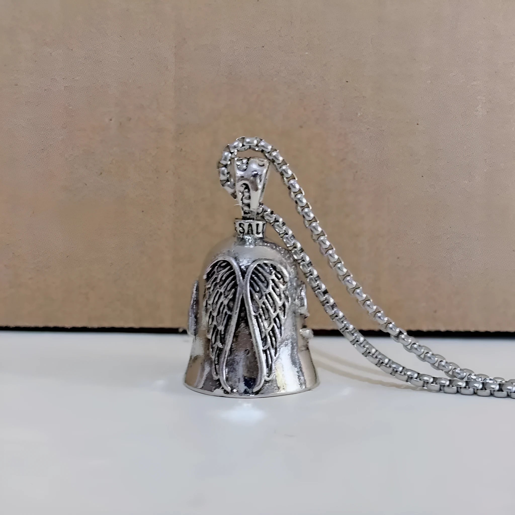 White angel feather keychain and necklace set with vintage finish and wings design