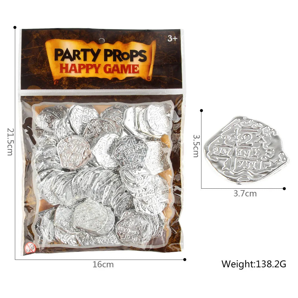 Set of 100 plastic replica Roman pirate coins with electroplated bronze, gold, or silver finish.