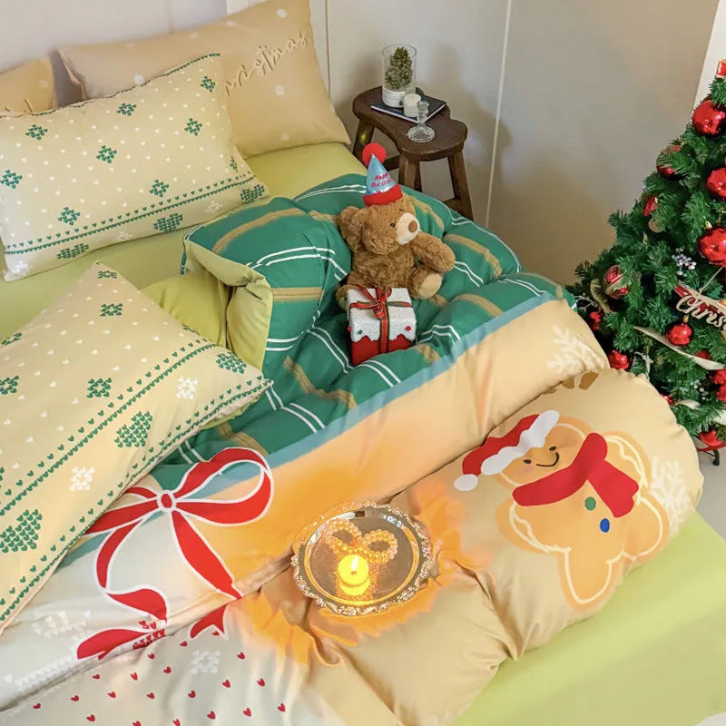 Christmas cartoon printed bedding four-piece set with sheet, quilt cover, and pillowcases for a double bed.