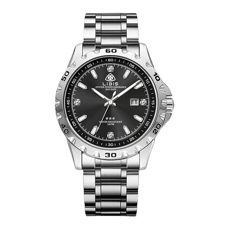 Silver case men's business watch with stainless steel strap and black dial