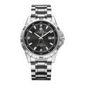 Silver case men's business watch with stainless steel strap and black dial