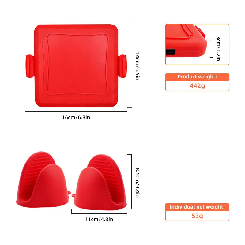 Red silicone baking tray with a pair of matching oven gloves on a kitchen counter
