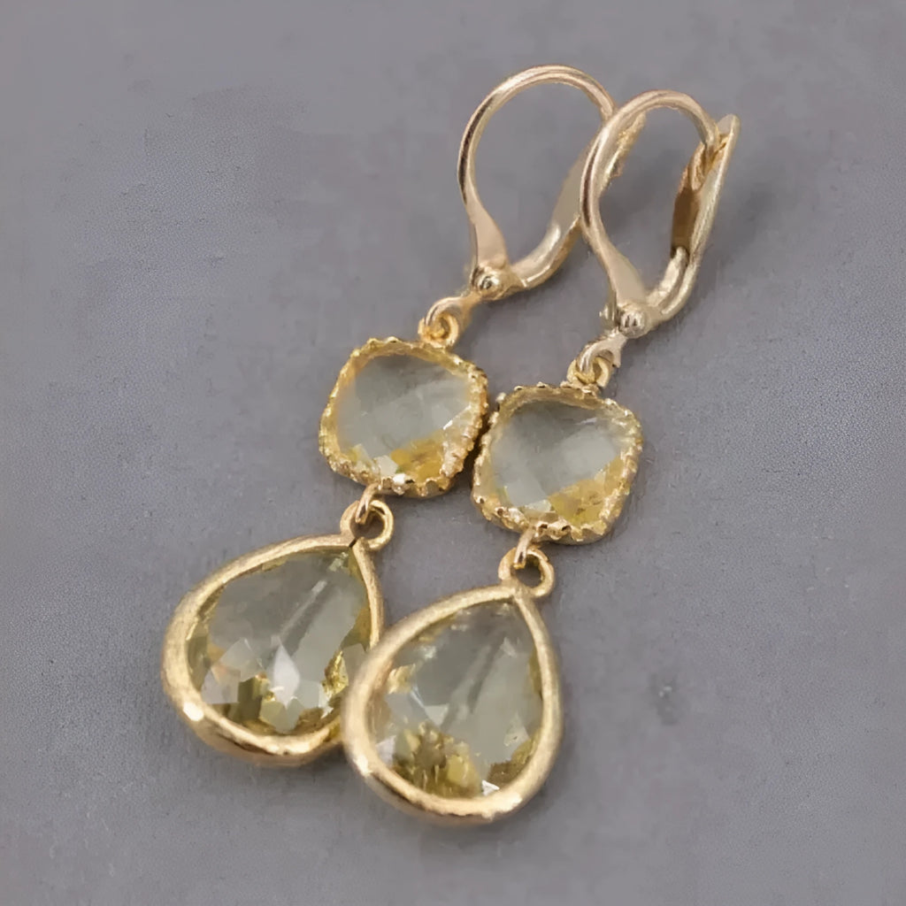 Gold geometric long fringe earrings with crystal water droplet design on copper base