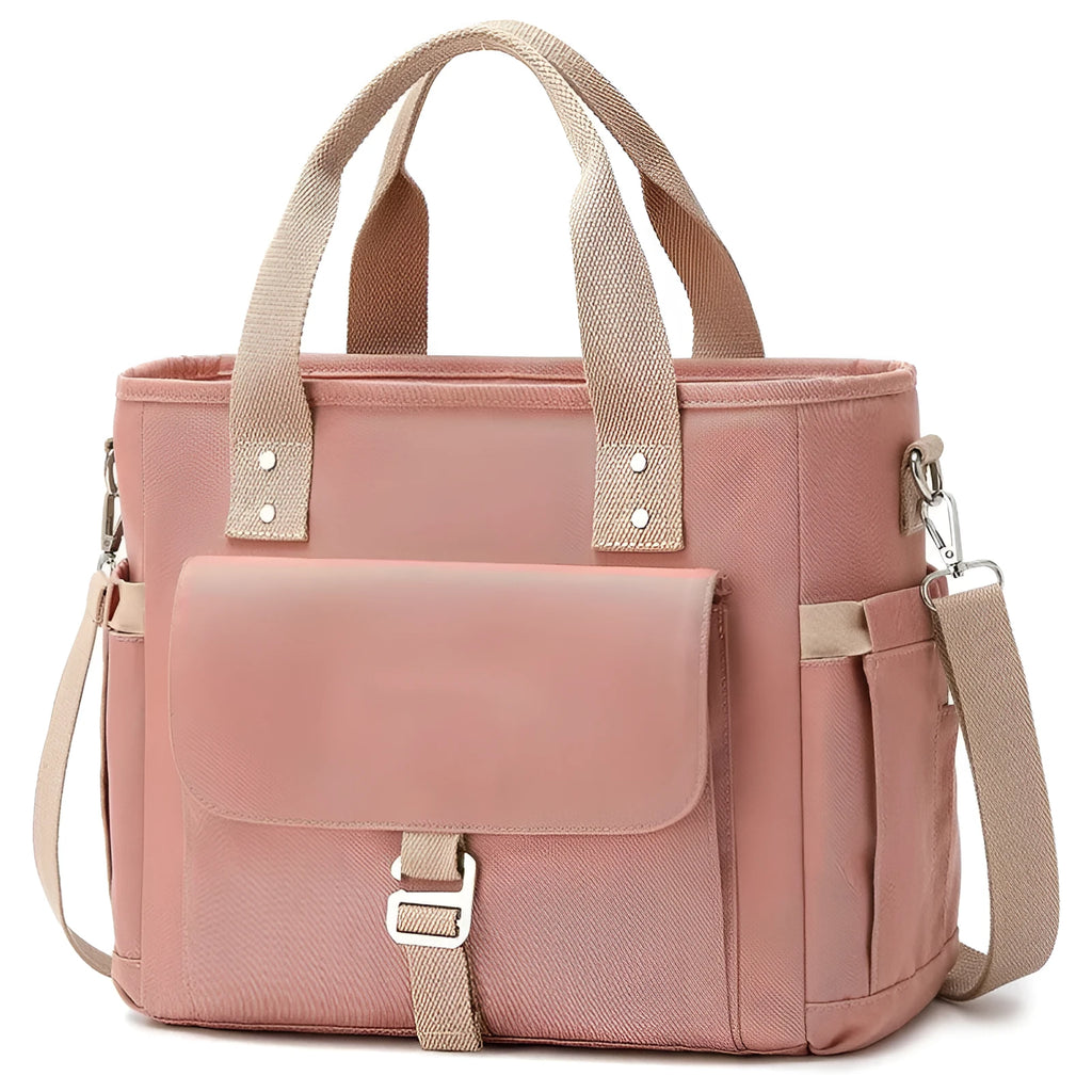 Insulated cube-shaped picnic bag with a removable shoulder strap and a side pocket, shown in pink colour.