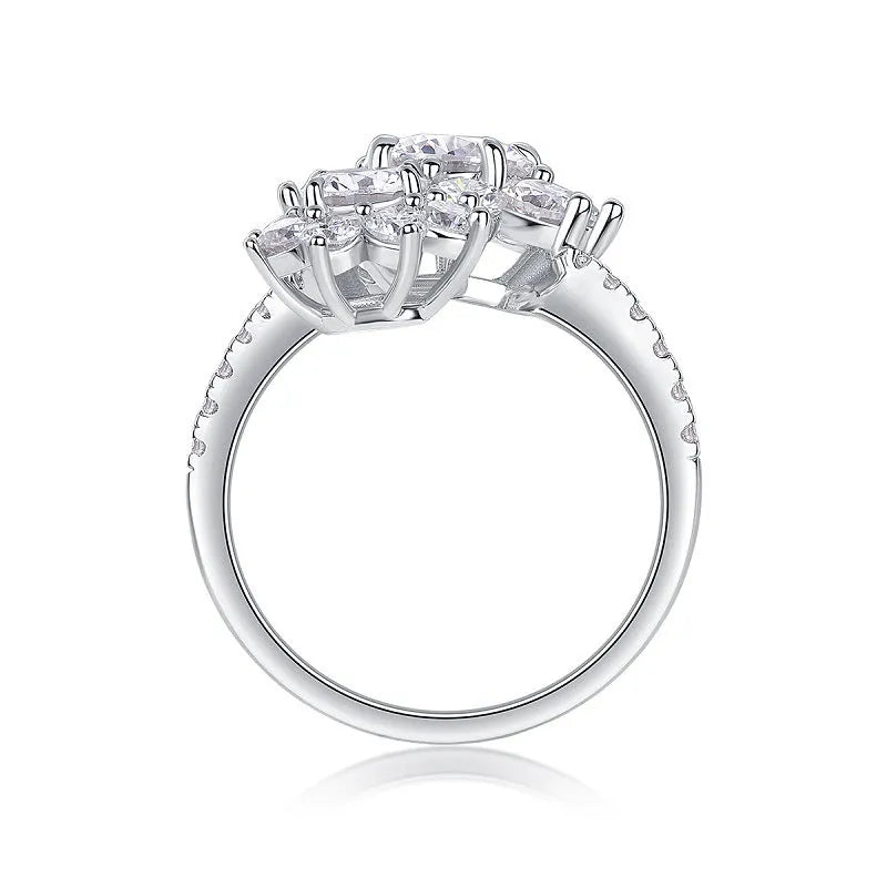 Open silver ring with round moissanite inlay and geometric shape, women's fashion OL style, US sizes 5 to 9