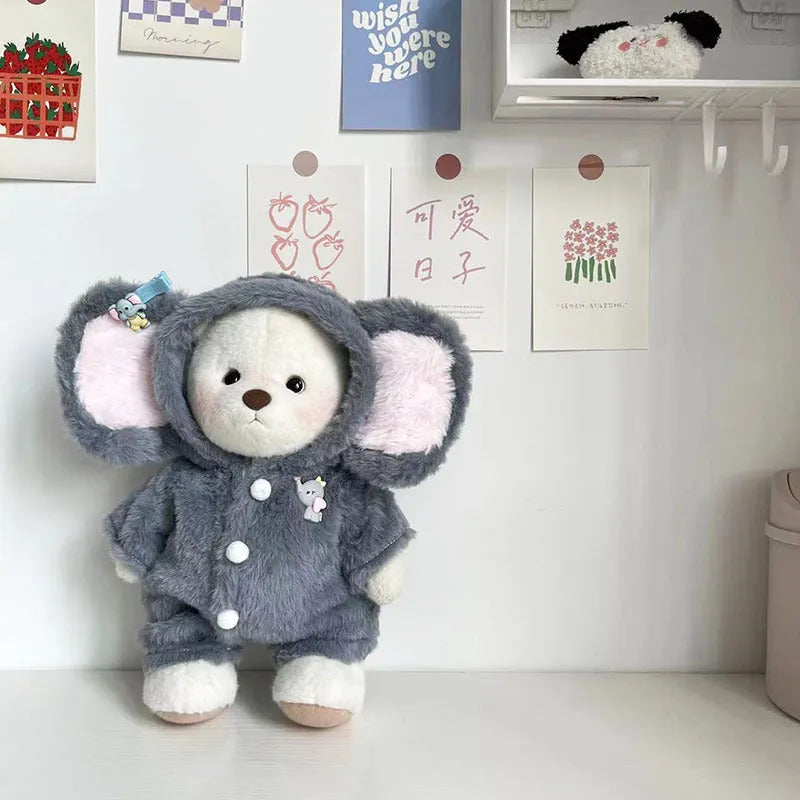 Grey elephant plush jumpsuit outfit for a 30cm Lina bear doll.