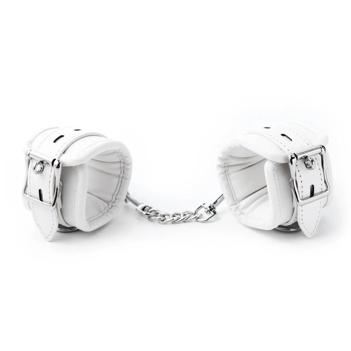 White PU sponge bondage cuffs set showing handcuffs, foot cuffs, and a neck cuff.