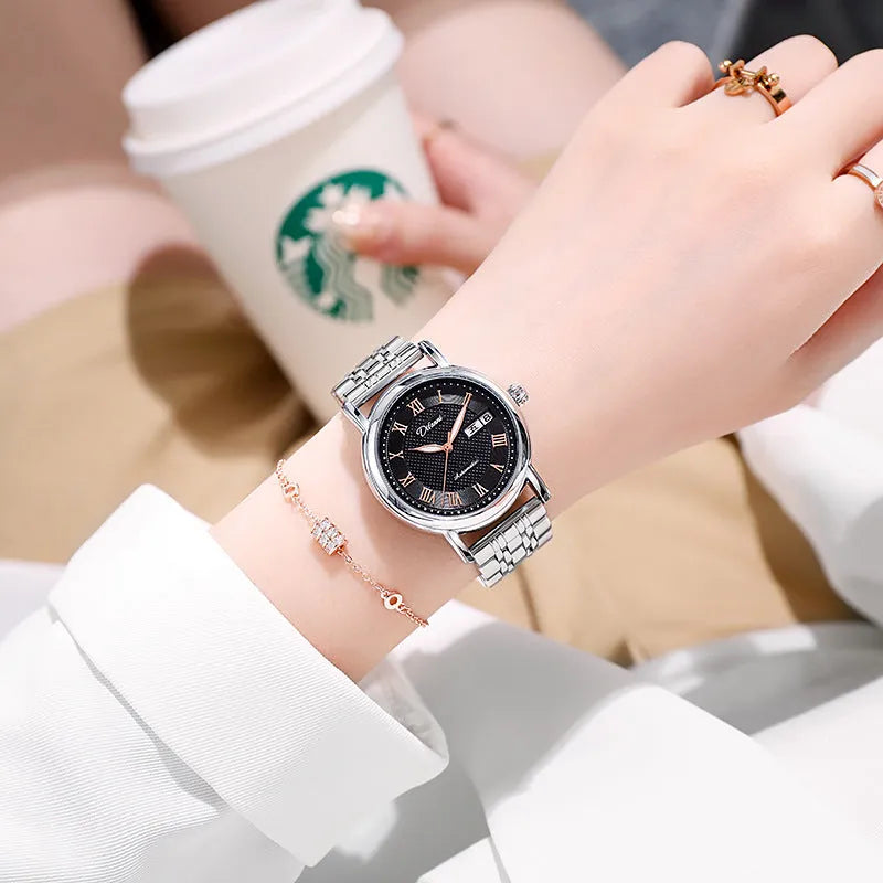 Automatic women's watch with 12mm case on a stainless steel bracelet alongside leather strap options