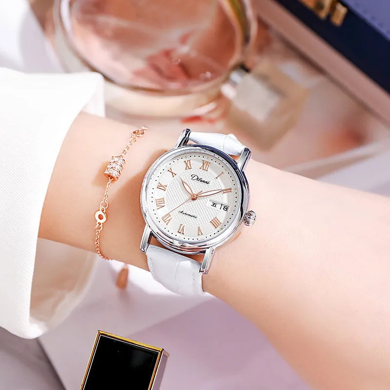 Automatic women's watch with 12mm case on a stainless steel bracelet alongside leather strap options