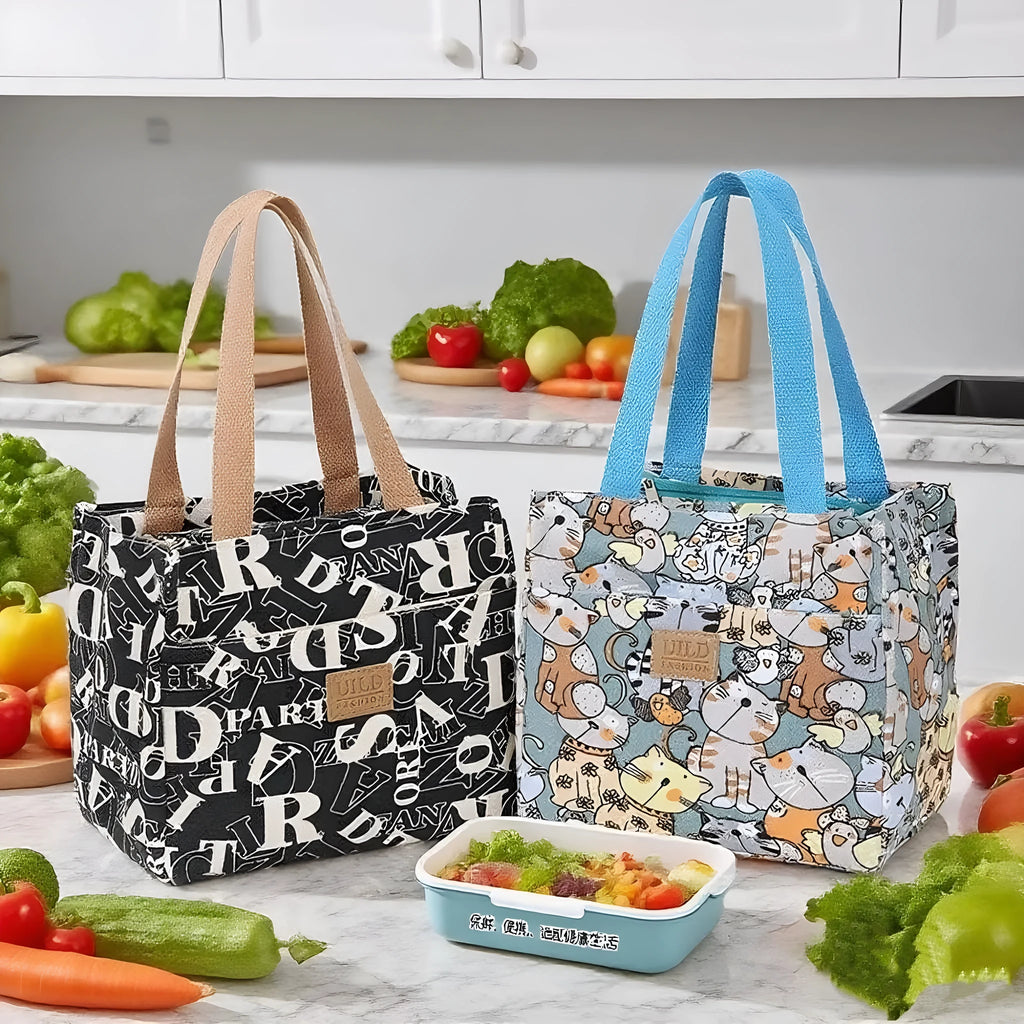 Women's large square canvas tote bag with printed design options of cats, letters, and flowers.