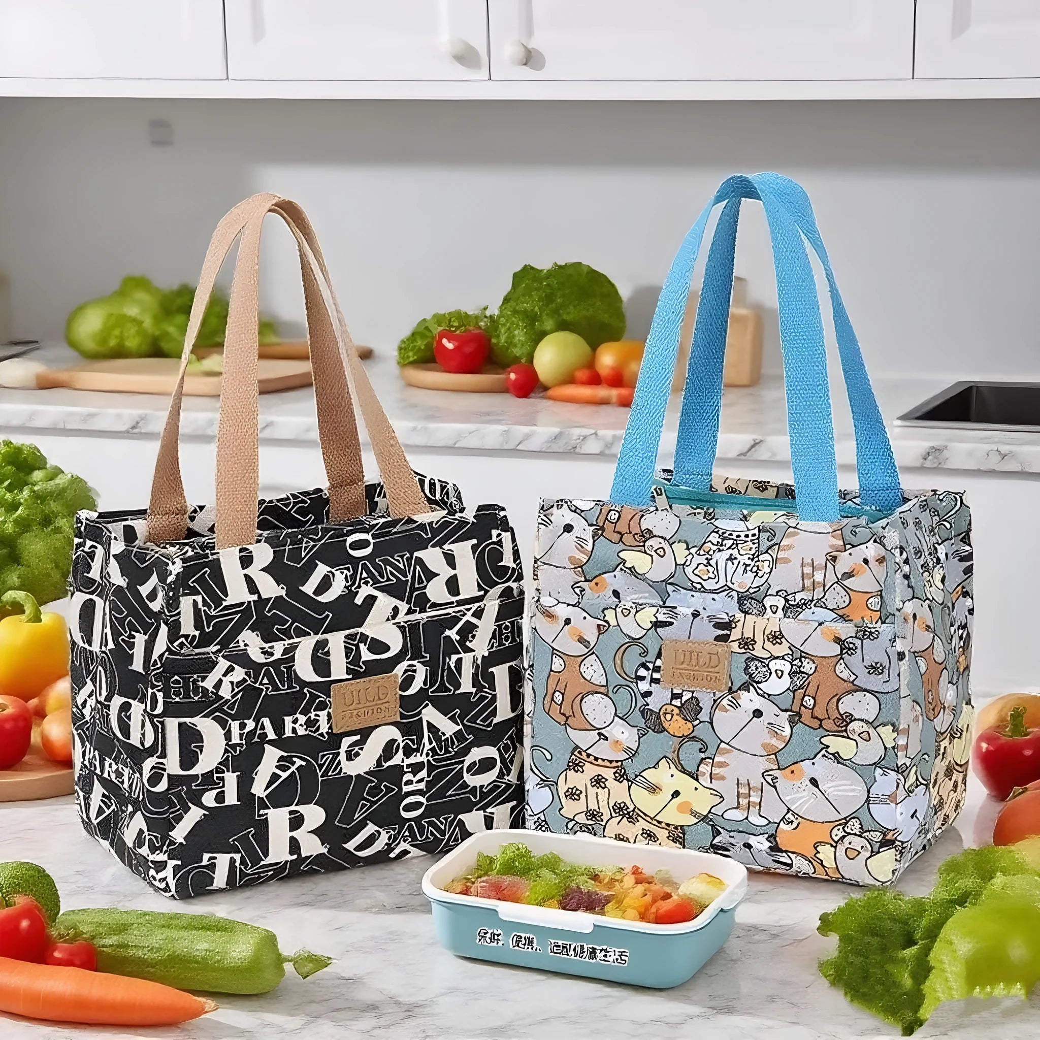 Women's large square canvas tote bag with printed design options of cats, letters, and flowers.