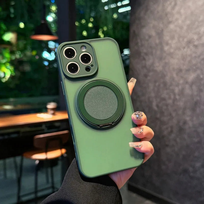 Transparent frost finish magnetic phone case with fold-away pivot bracket for iPhone models